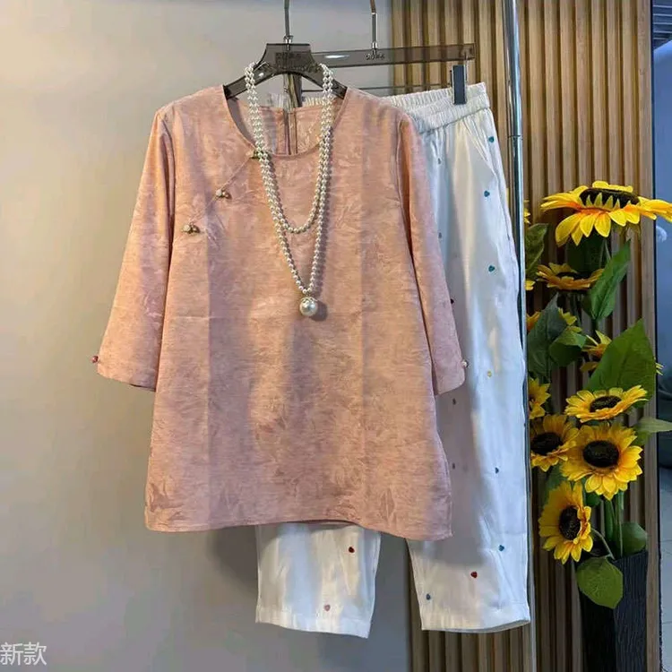 胖妹妹斜襟复古国风新中式提花大码女装2025裤子春季宽松显瘦上衣