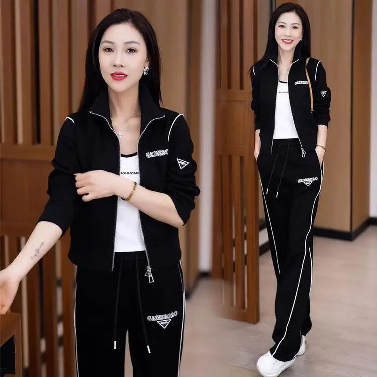 运动套装女2025春秋新款时尚洋气休闲立领卫衣阔腿裤显瘦两件套潮