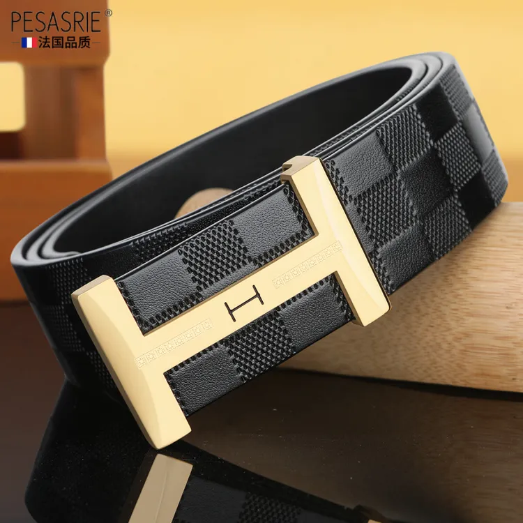 新款 男士皮带真皮纯牛皮中青年H字母平滑扣内穿商务百搭腰带礼物