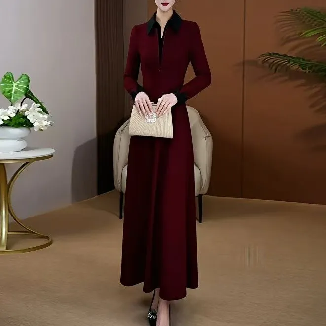 5595#深酒红连衣裙秋季新款时尚设计感原创气质大摆长裙