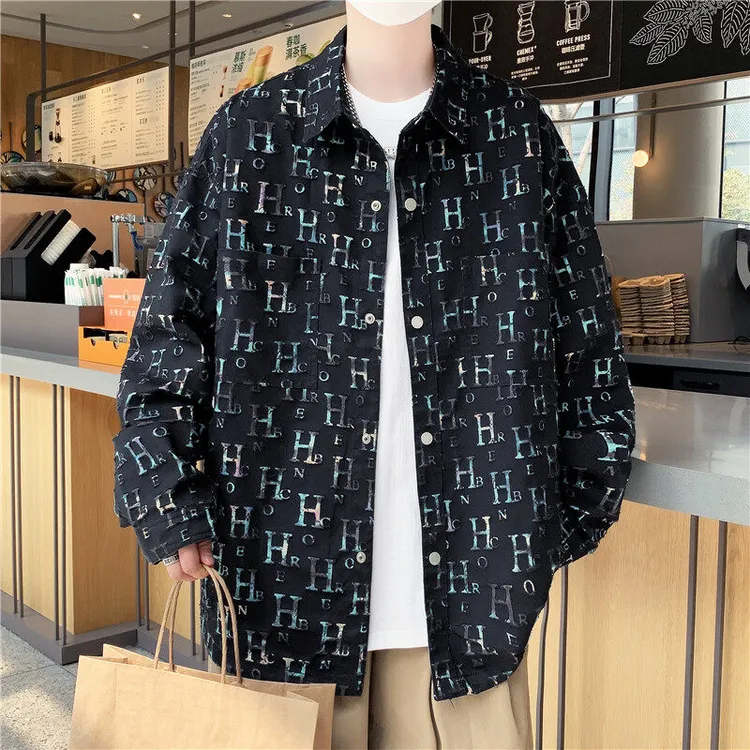 春秋季百搭工艺面料长袖衬衫外套学生青少男夹克初中高生