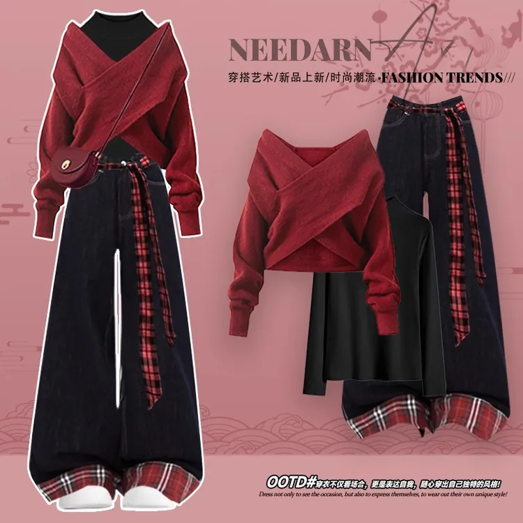 圣诞穿搭高级感交叉红色毛衣巨好看的冬装一整套慵懒松弛感毛线衣