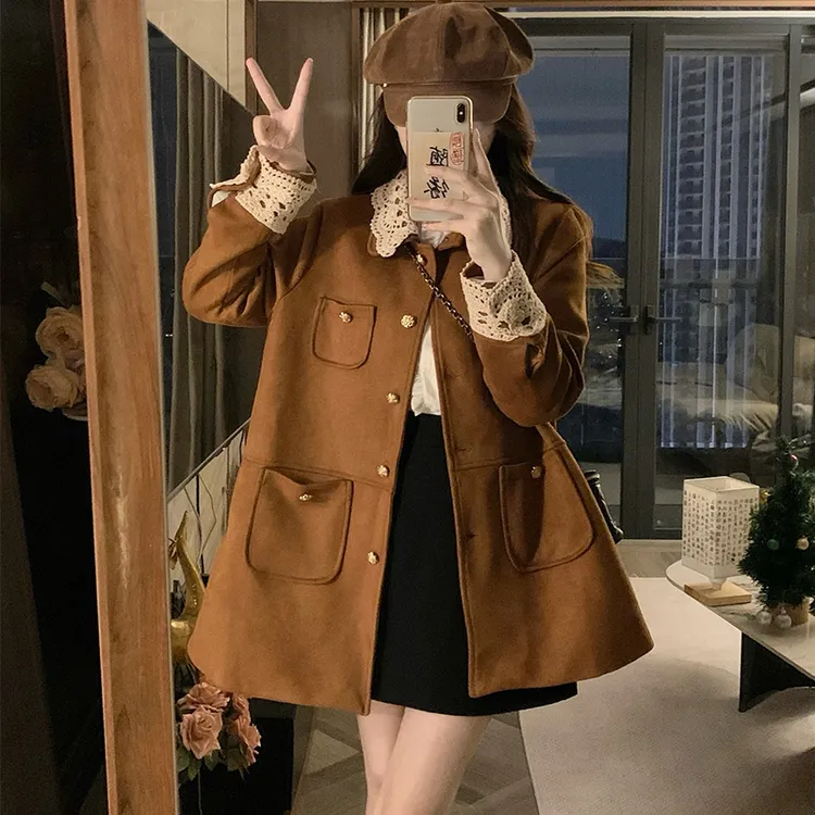 La Chapelle/拉夏贝尔正品百搭工装风美拉德复古外套中长款翻领女