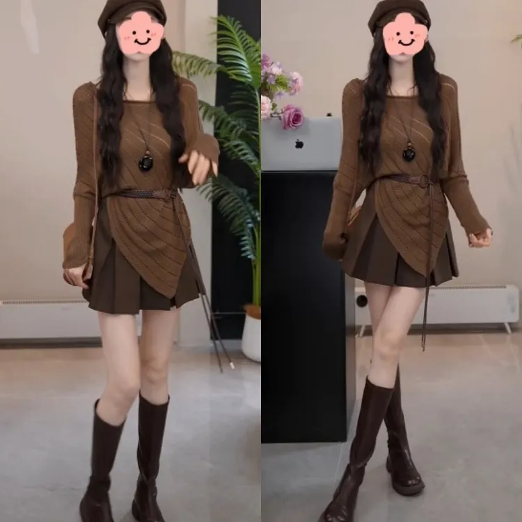 【晴云出岫】慵懒风不规则下摆针织衫+高腰显瘦百褶半身裙LK2506209