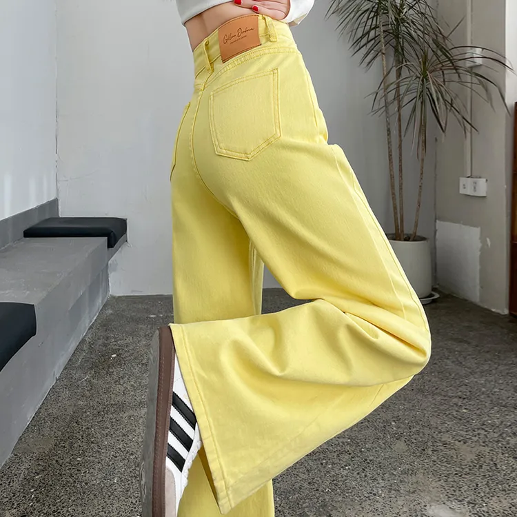 蜜蜜穿搭柠檬黄弹力阔腿牛仔裤女2025年秋季宽松多巴胺直筒拖地裤