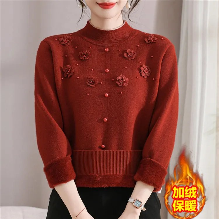洋气妈妈冬装加绒加厚红色毛衣中老年女秋冬一体绒保暖针织打底衫