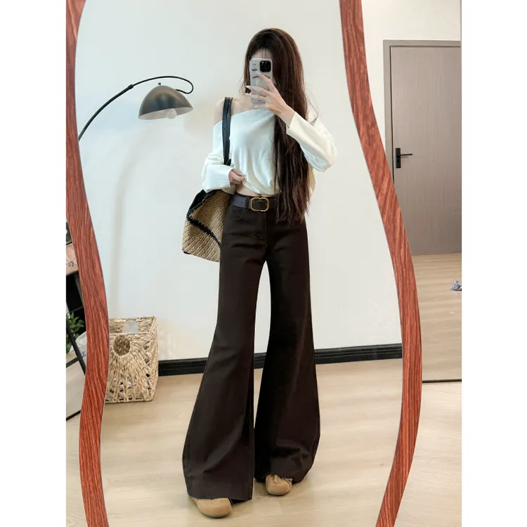 咖色复古不贴腿微喇牛仔裤女2025秋季新款小个子高腰宽松直筒