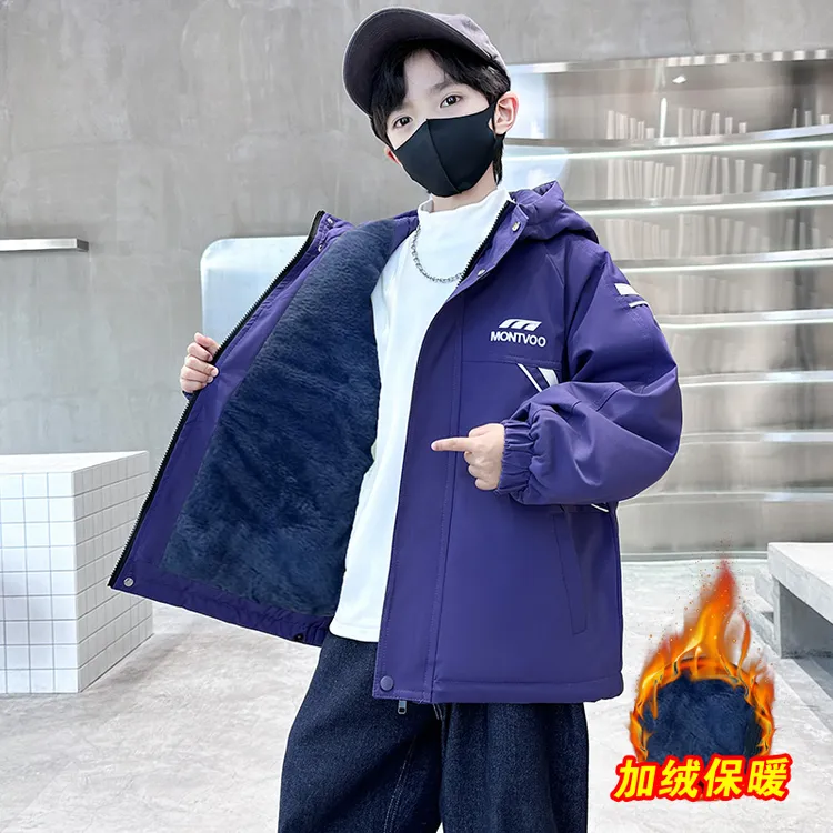 男童秋冬加绒外套儿童装冲锋衣加厚风衣派克服中大童冬季棉服帅炸