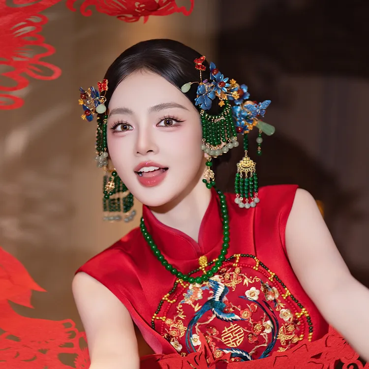 合金婚庆饰品 高端新中式新娘小众旗袍绿色玉珠婚礼汉服配饰D0631