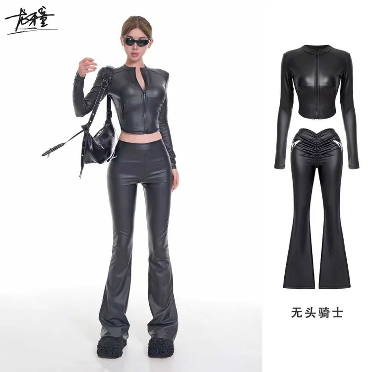 龙怼怼推荐【无头骑士】显瘦复古女长袖性感紧身套装黑色修身秋冬