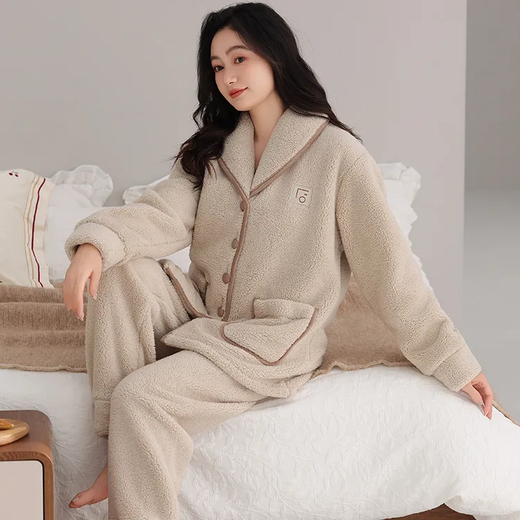 兰麦菓羊羔绒加绒睡衣女士套装冬季2025新款加厚保暖家居服可外穿