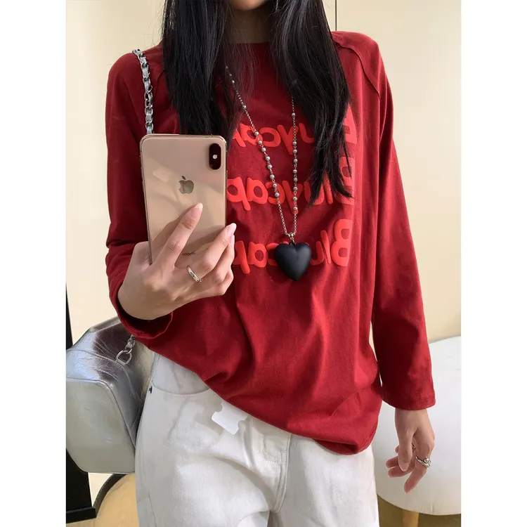 美式字母印花红色防晒长袖T恤女夏季薄款外搭罩衫多巴胺穿搭上衣N