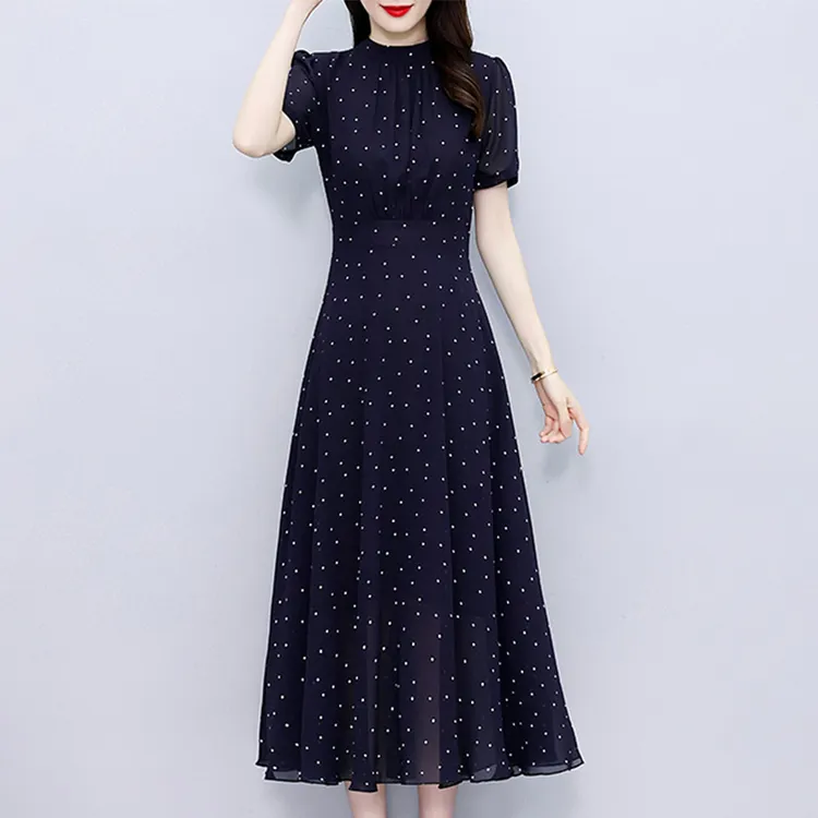 藏青色小波点立领气质大摆长裙2025夏季新款优雅显瘦连衣裙