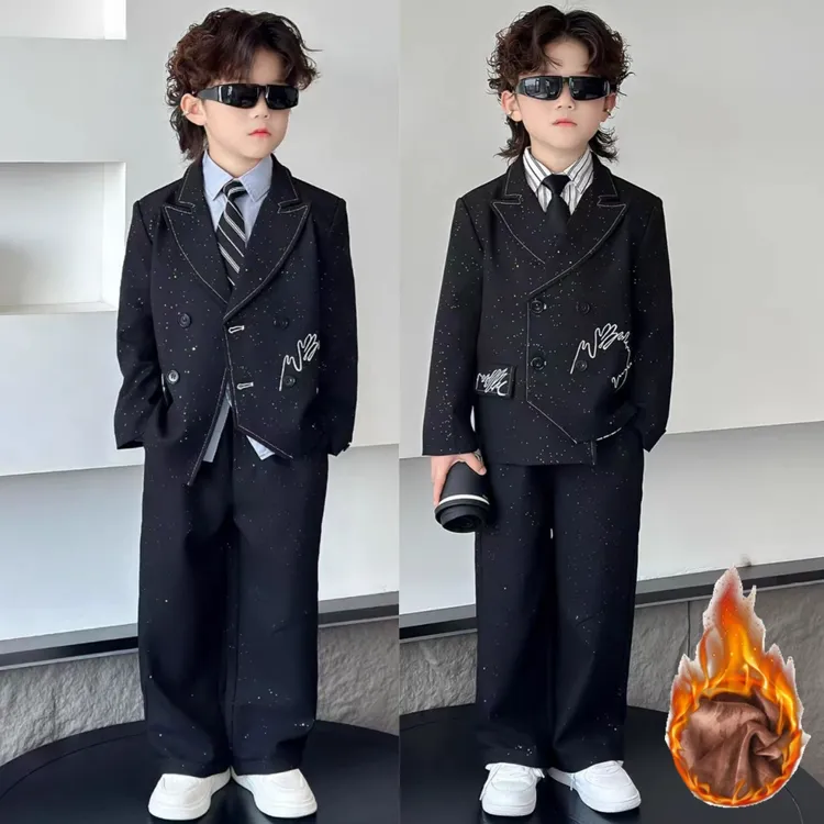男童小西装套装男孩主持人服装亮闪闪黑色演出服儿童西服秋冬加绒