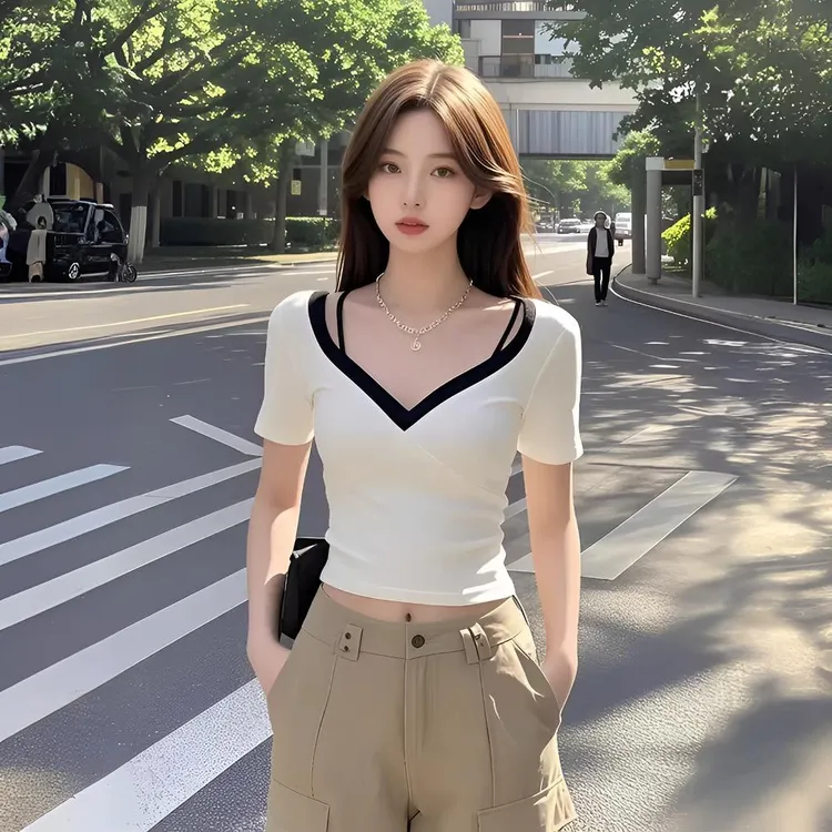 v领打底衫春装2025年新款女装爆款短袖t恤设计感独特别致短款上衣