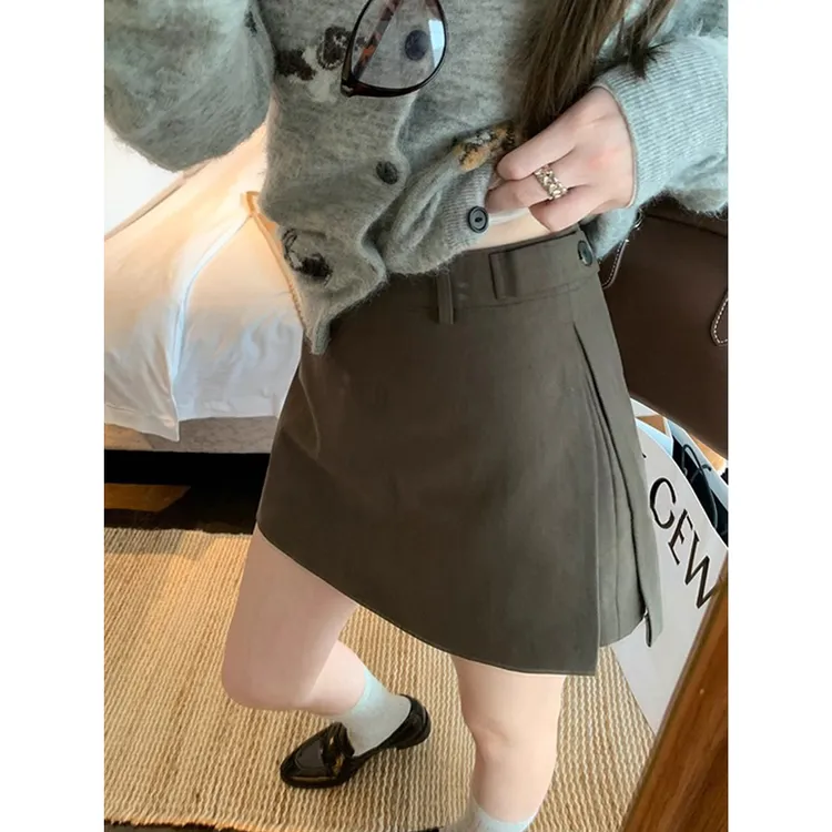 耶古韩系深灰绿色侧边裤袢半身裙女春夏秋季高腰双层开衩a字短裙