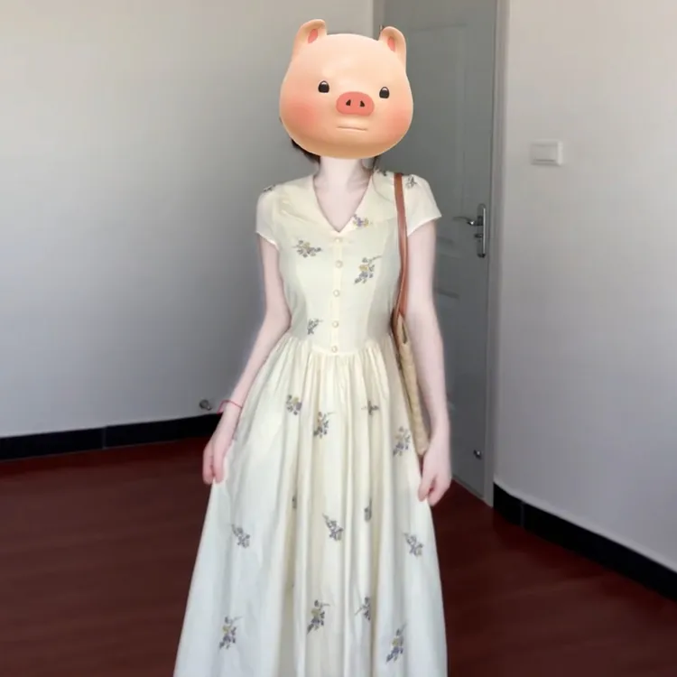 【现货+运补】杏色碎花polo领短袖法式气质绝美长裙3861