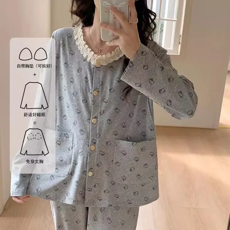 甜美系带胸垫春秋款纯棉月子服产后产妇夏季孕妇哺乳衣睡衣家居服