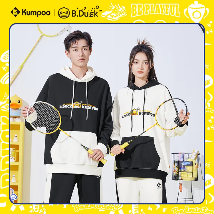 KUMPOO/薰风【小黄鸭】连帽卫衣黑白撞色运动套装情侣款9047-6057