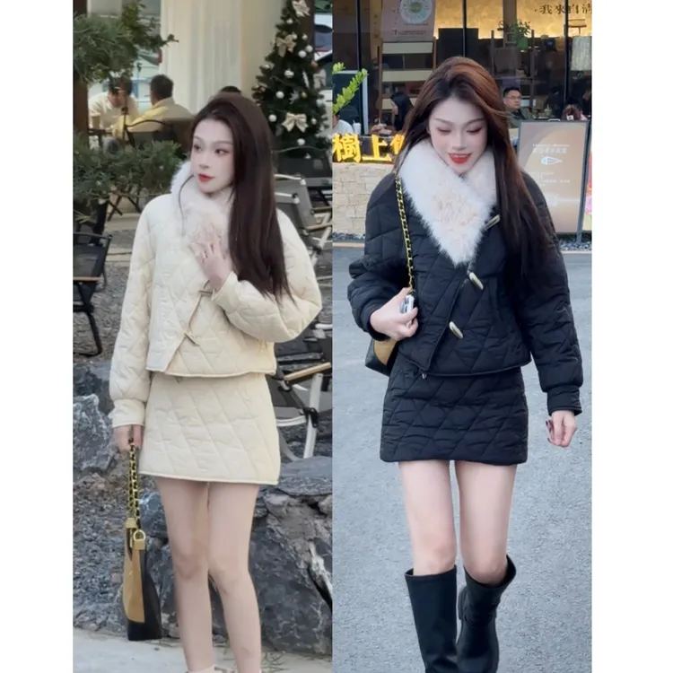 【南洋欧尼】秋冬韩系气质慵懒风显瘦夹棉小个子外套短裙套装女