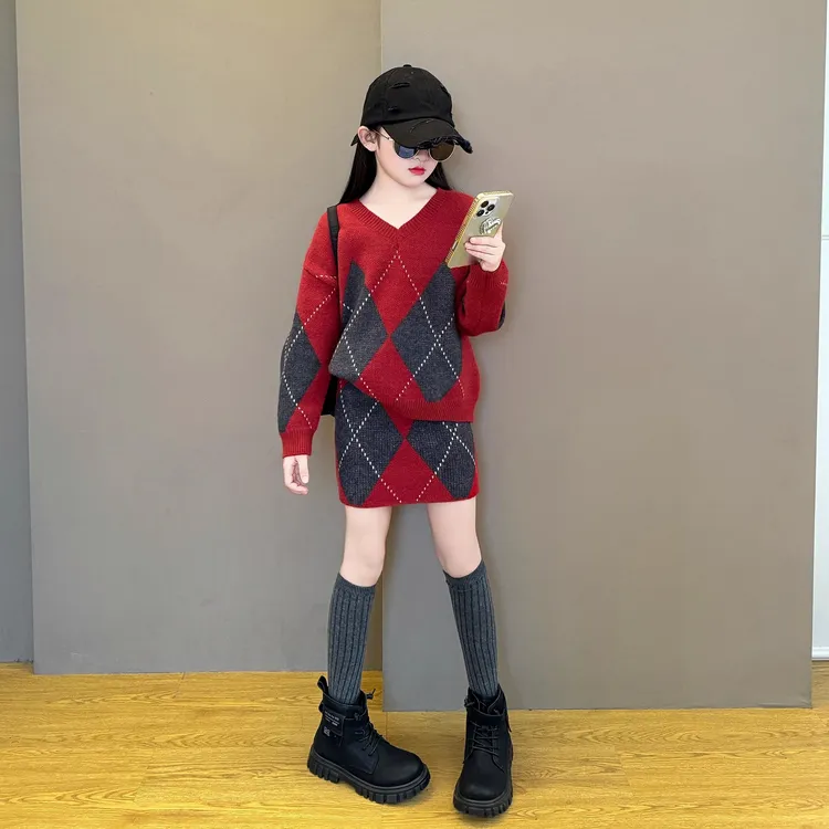 女童韩系秋装套装025新款儿童洋气时髦毛衣中大童毛衣短裙套装潮