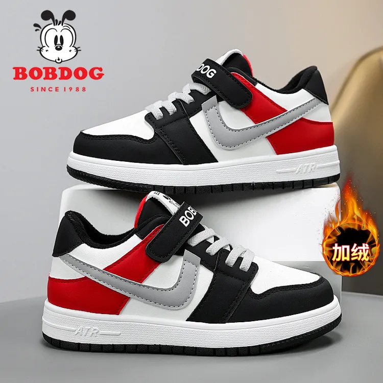 巴布豆童鞋男童运动鞋2025加绒皮面防水女童保暖休闲潮牌防滑板鞋