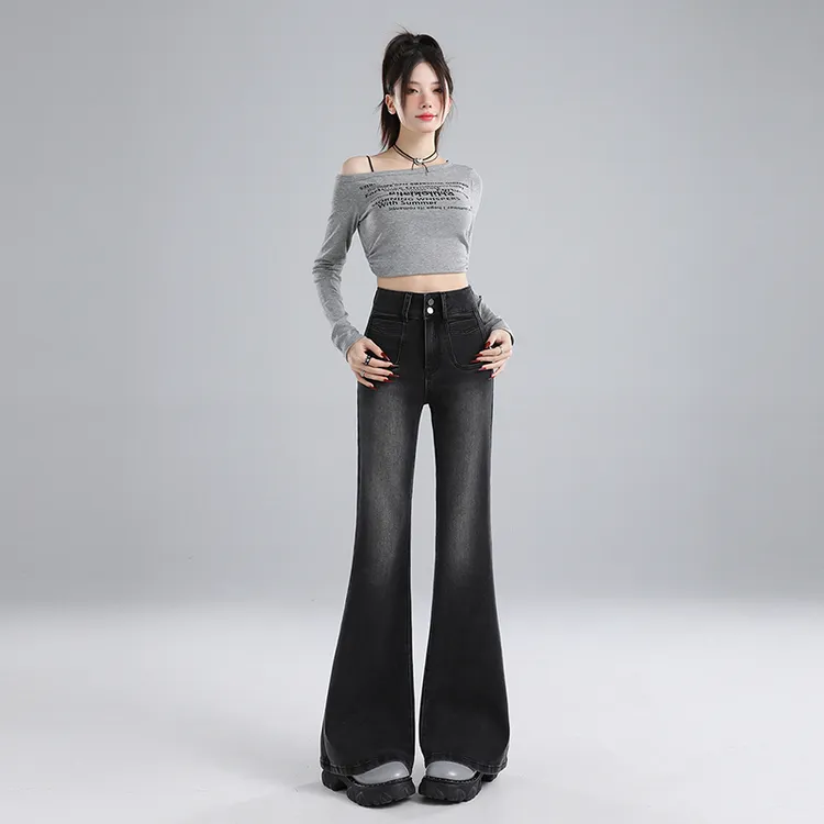 秋冬加绒黑灰高腰微喇牛仔裤女加厚弹力修身显瘦小个子百搭喇叭裤