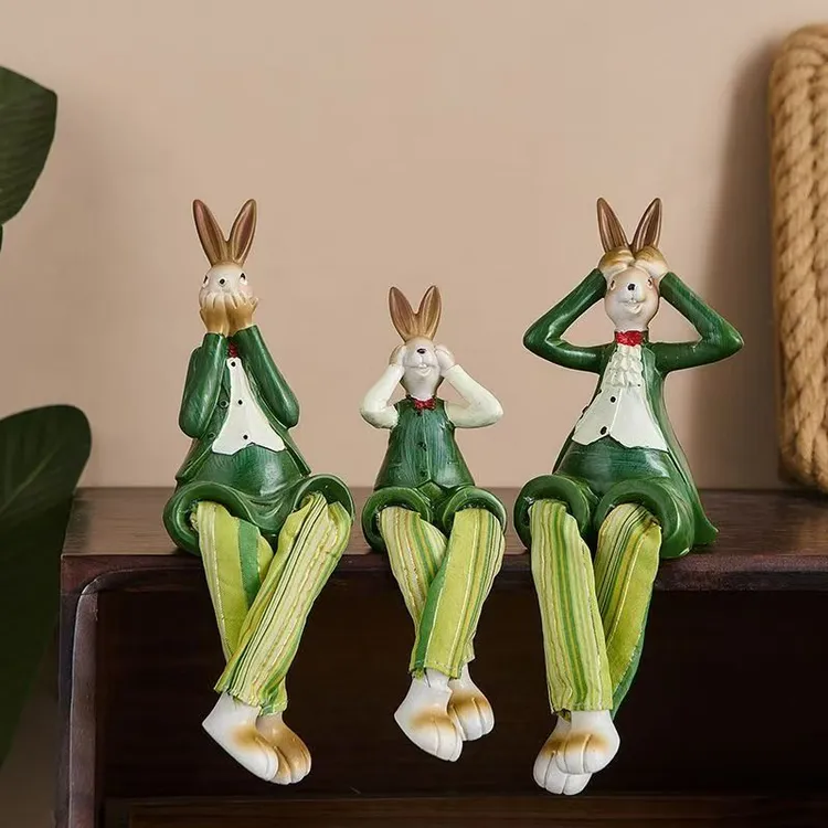 创意可爱三不兔子吊脚娃娃树脂工艺品家居装饰品摆件客厅摆设L