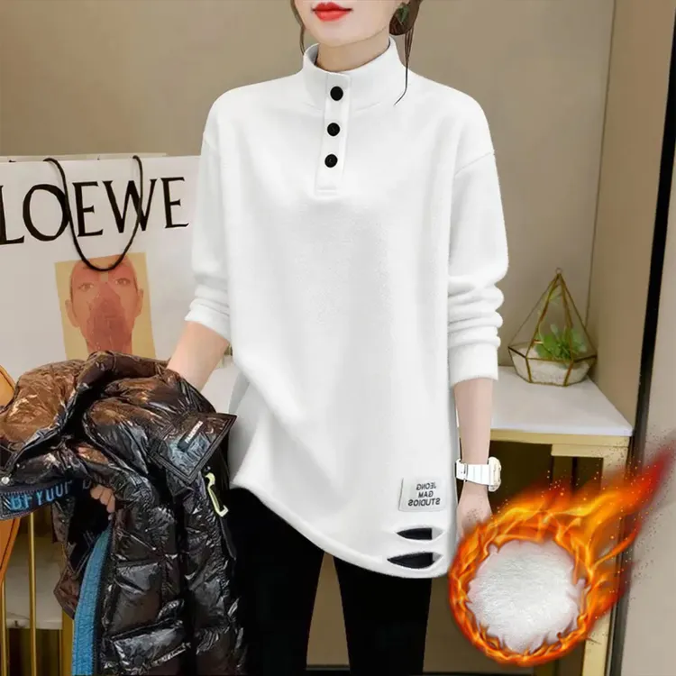 婳娇白色长袖T恤女加绒宽松遮屁股中长款纽扣半高领秋冬德绒上衣