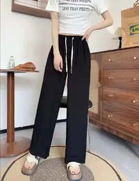 人造棉提花女薄款高腰夏季休闲裤九分裤阔腿裤时尚抽绳垂感运动裤