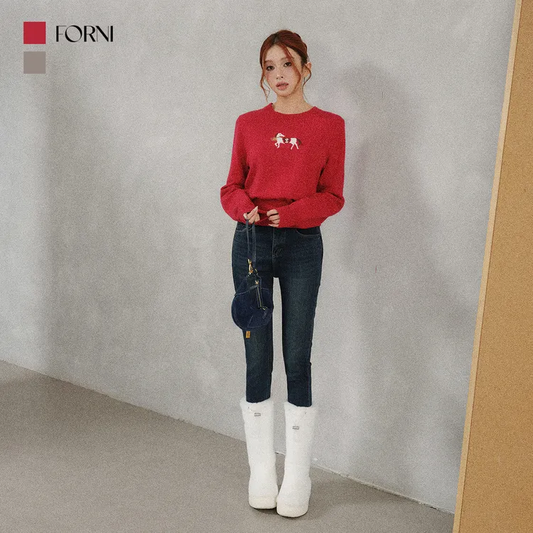 FORNI 5G过马年 趣味小马图案提花针织套头毛衣