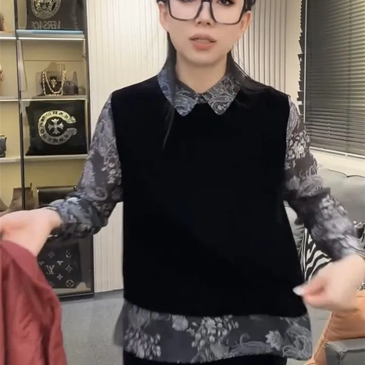 网红款假两件上衣女百搭显瘦遮肉2025年早秋新款宽松时尚休闲衬衫