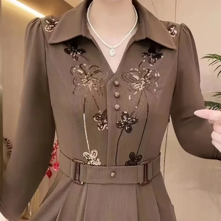 高档轻奢2025年春秋季新款长袖贵夫人修身亮片刺绣收腰显瘦连衣裙