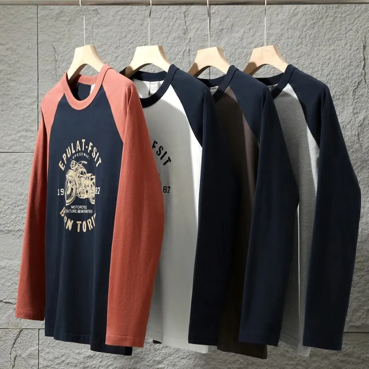 秋冬新品 插肩袖美式机车印花水洗全棉男士长袖T恤打底衫男