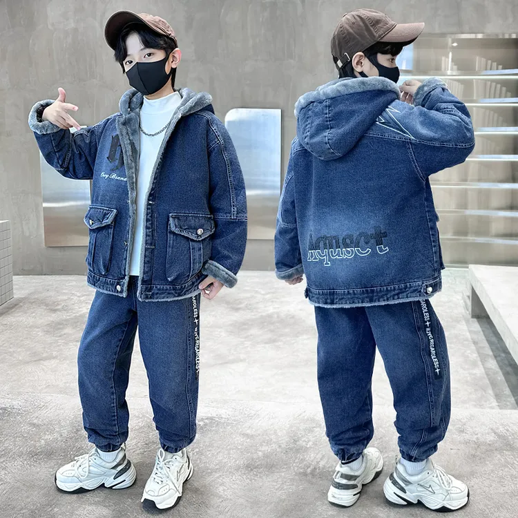 男童加绒套装冬季2025新款儿童冬装牛仔两件套中大童男孩加厚衣服