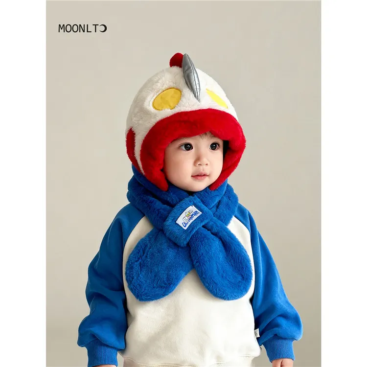 奥特曼儿童帽子围巾一体帽冬季男女宝宝防风保暖加绒加厚护耳帽