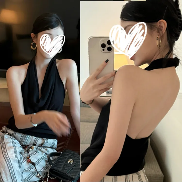YIDENG纯欲性感辣妹挂脖荡领背心夏季收腰显瘦设计感修身显瘦上衣