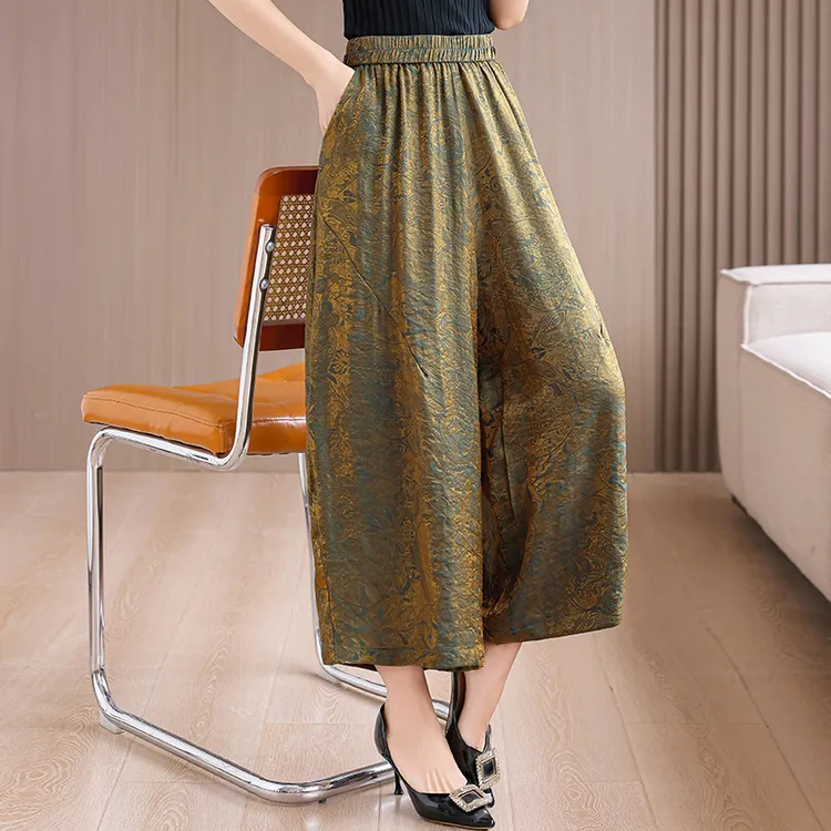 2025早秋新款花纹阔腿裤时尚女裤松紧腰休闲裤高腰显瘦百搭花苞裤