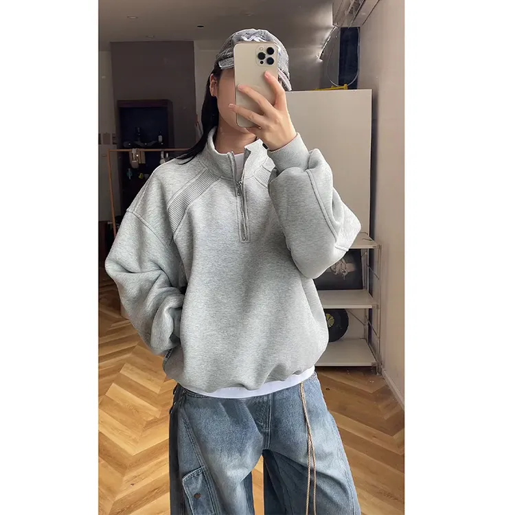美式解构半拉链卫衣男秋季廓形重磅硬挺立领上衣cleanfit情侣外套