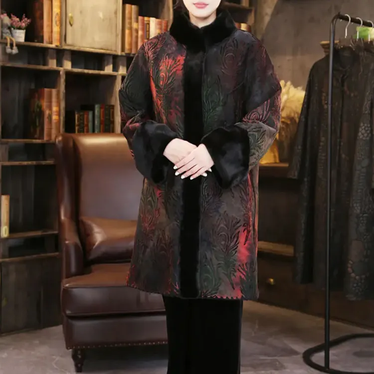 气质国风中老年妈妈装皮毛一体绒冬季双面穿保暖大衣外套卡码拍大