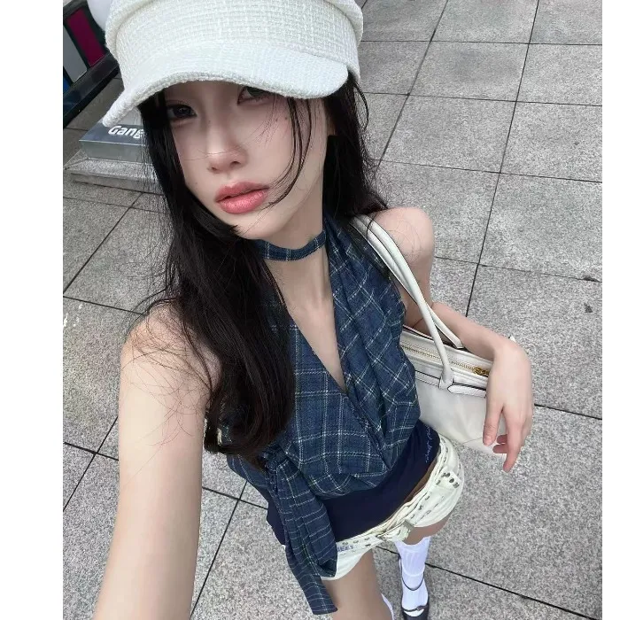 辣妹复古荡领网纱挂脖背心女夏季露背收腰显瘦短款上衣