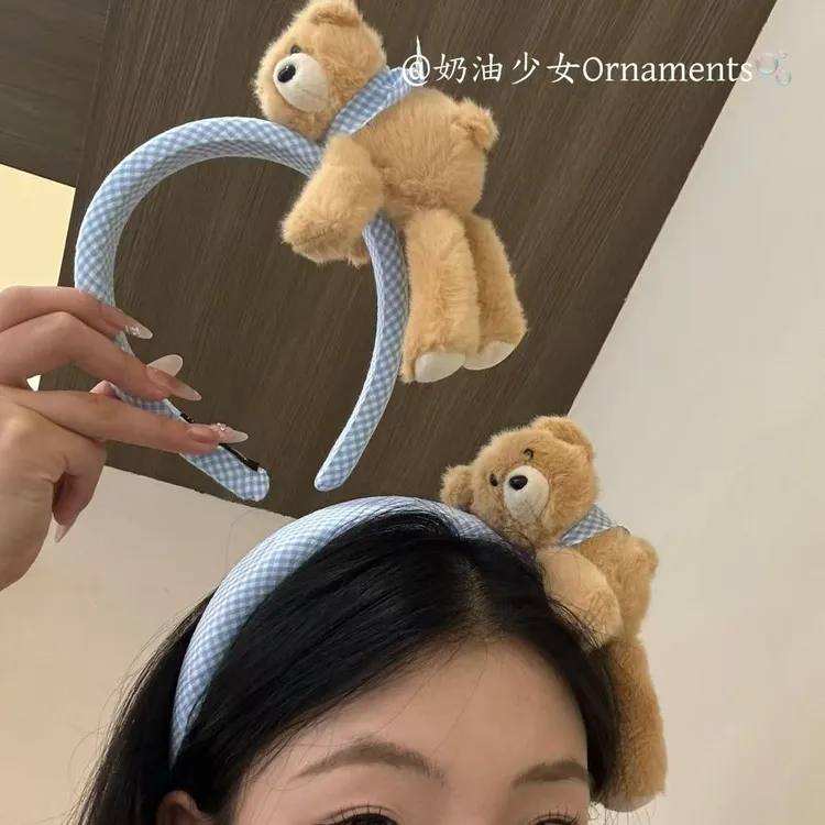 格纹毛绒趴趴泰迪熊发箍少女心百搭碎发网红气质头饰洗