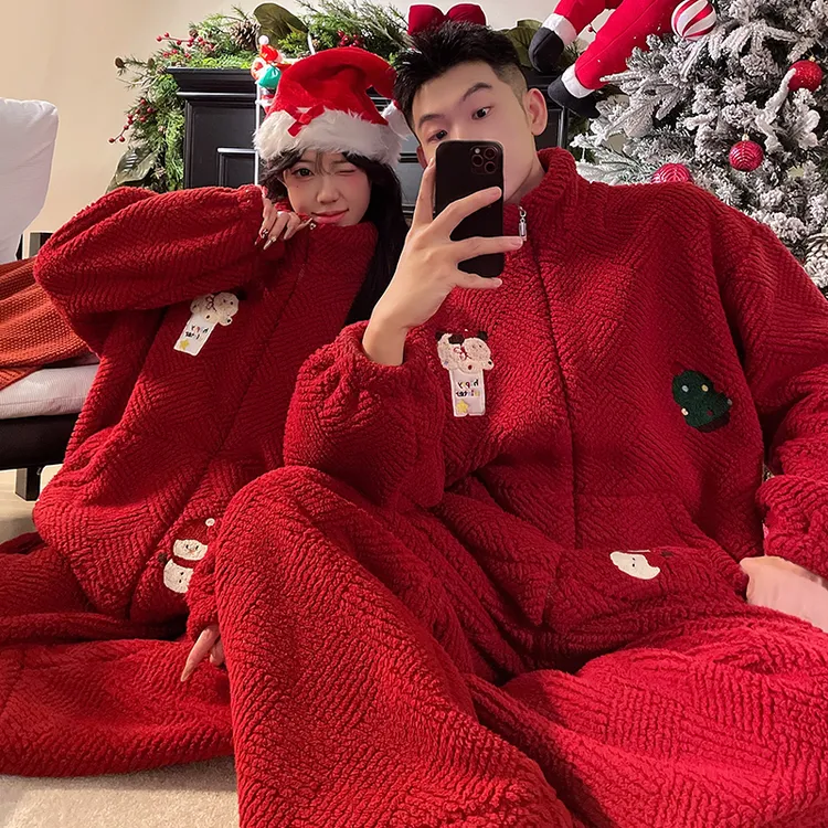 【圣诞专属】红色喜庆情侣睡衣女冬季珊瑚绒加厚保暖男士家居服套装