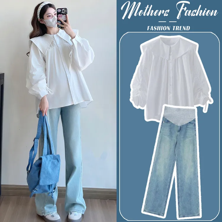 孕妇套装春秋2025新款白色娃娃领清新减龄简约衬衣牛仔裤两件套女
