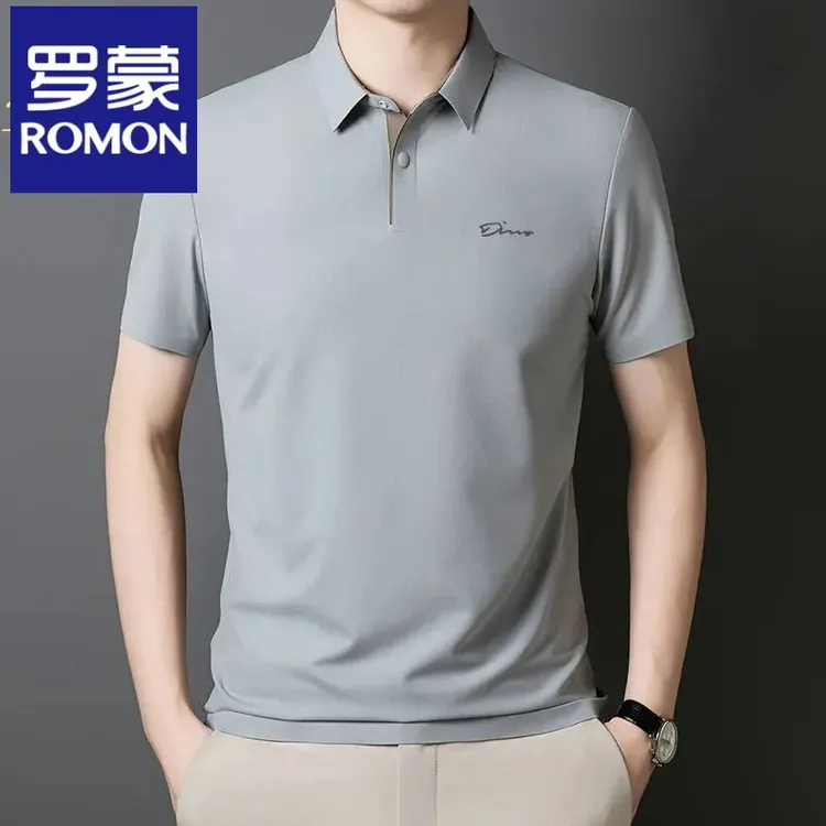 Romon/罗蒙宽松透气男士短袖薄款无痕翻领体恤商务休闲纯色t恤衫