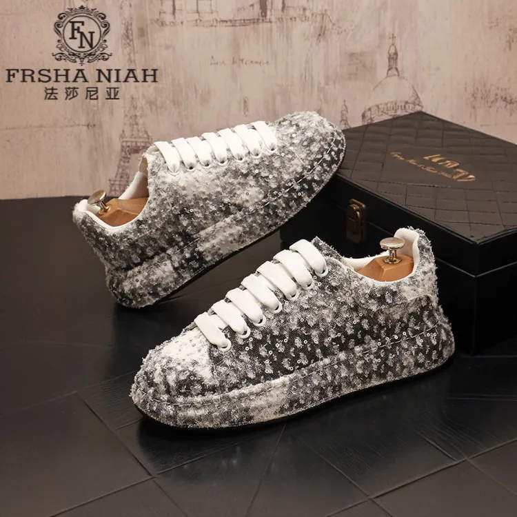 法莎尼亚男士板鞋新款亮片休闲鞋男鞋时尚厚底系带时尚增高松糕鞋