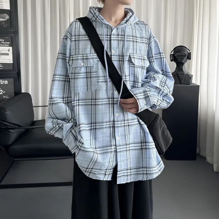 韩系氛围感浅蓝色格子连帽衬衫少年感潮流美式潮牌复古休闲外套