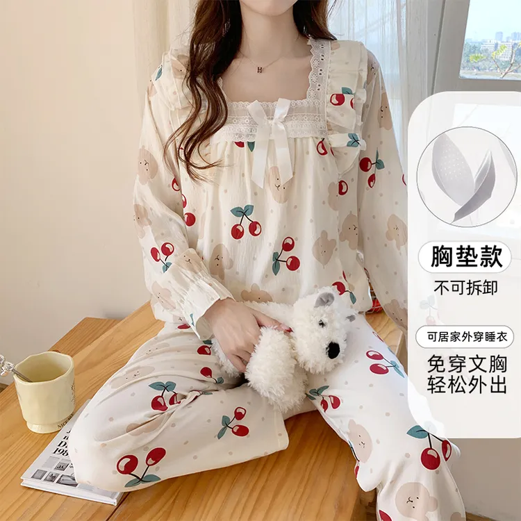 睡衣女春秋季长袖薄款女士可外出网红带胸垫公主风新款套装家居服