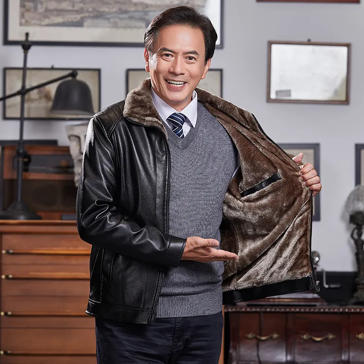 秋冬男装加绒加厚爸爸装皮毛一体外套皮衣