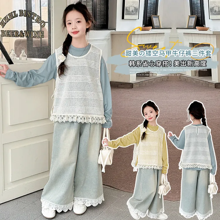 女童装2025新款针织镂空韩系婴儿宽松爆款运动运动套装卫衣套装